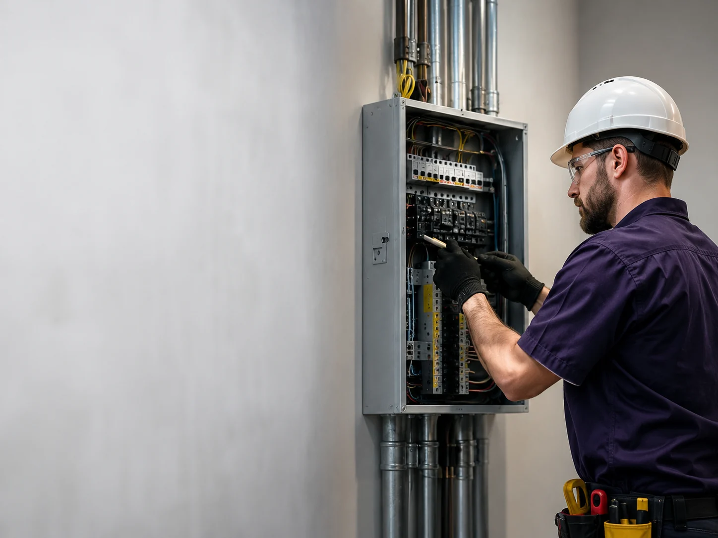 Licensed Maurvolt electrician working safely on an electrical panel