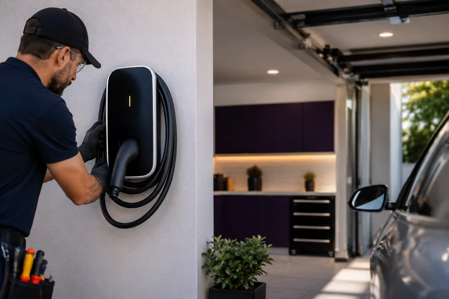 EV charger being installed on a home garage wall