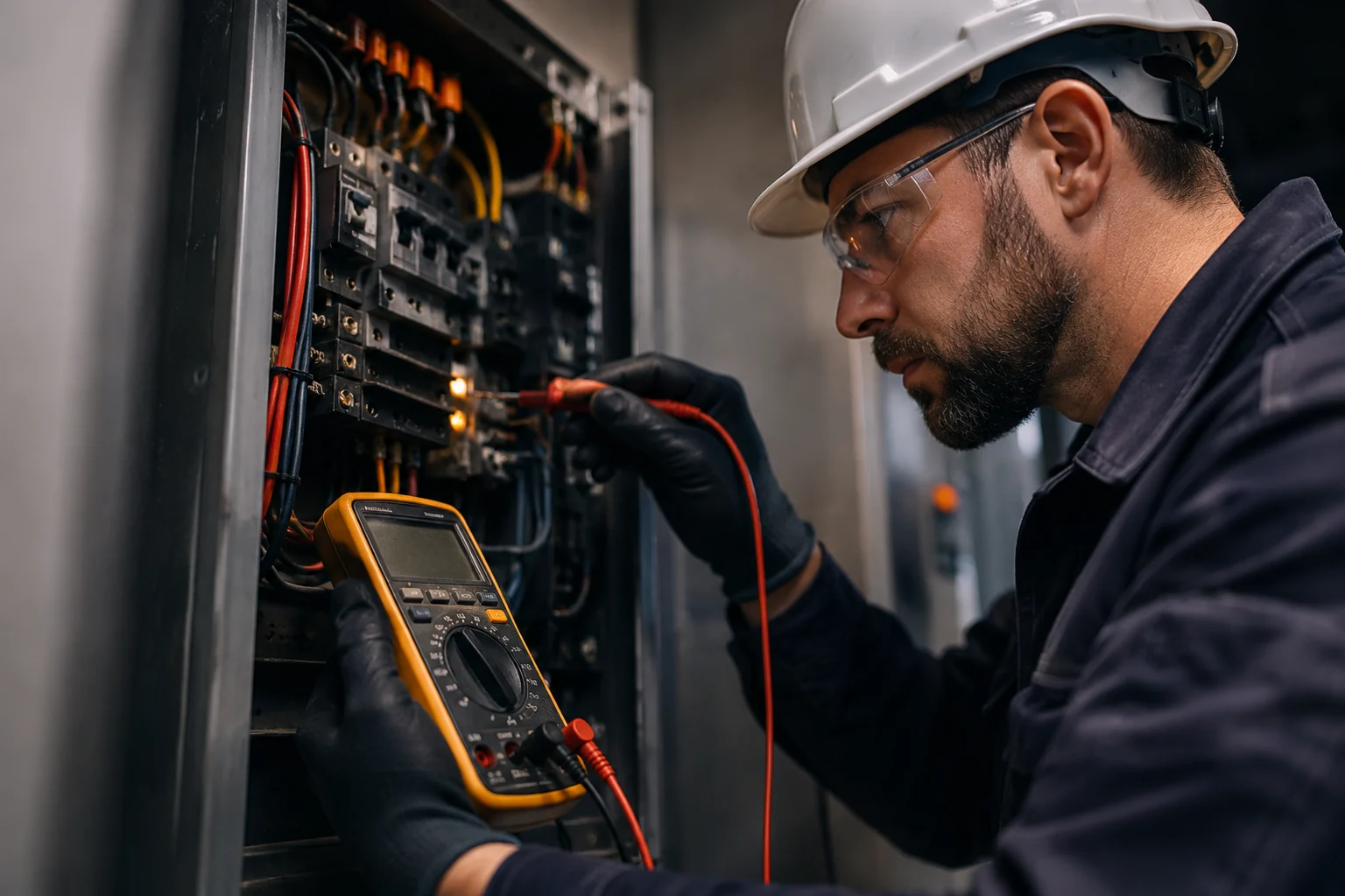 Electrician diagnosing an electrical fault with a multimeter