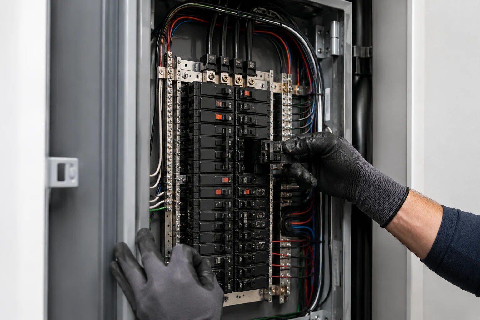 Upgraded residential electrical panel with neatly wired breakers